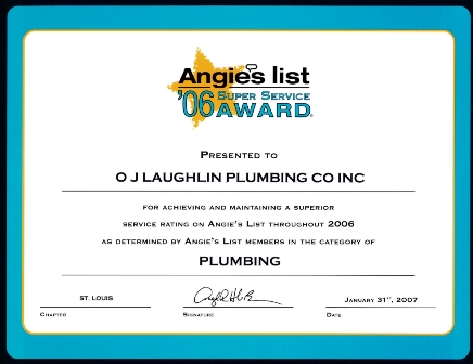2006 Angie's List Super Service Award Certificate - Plumbing Category